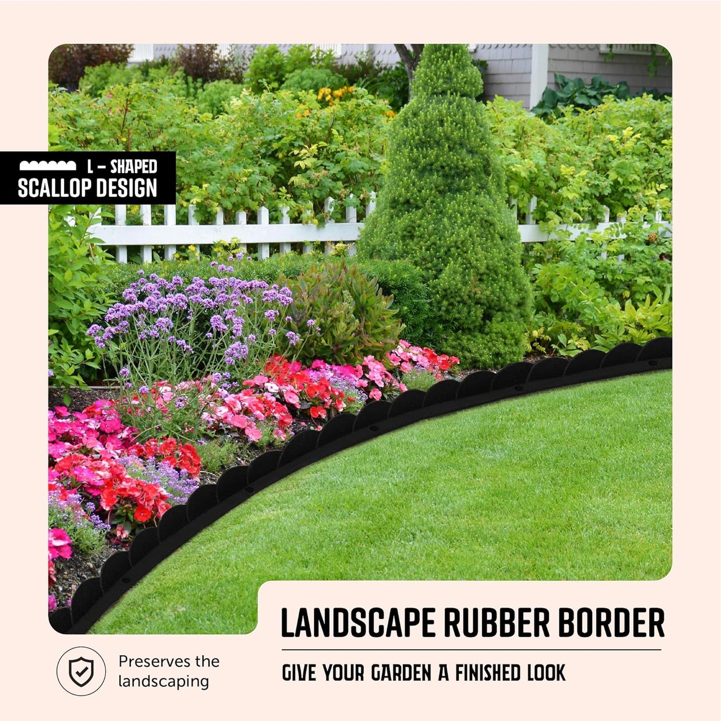 Playsafer L Shaped Flexible Rubber Scalloped Edger for Lawns Landscaping and Playground | Easy No Dig Installation| 4' Long (6, Black)