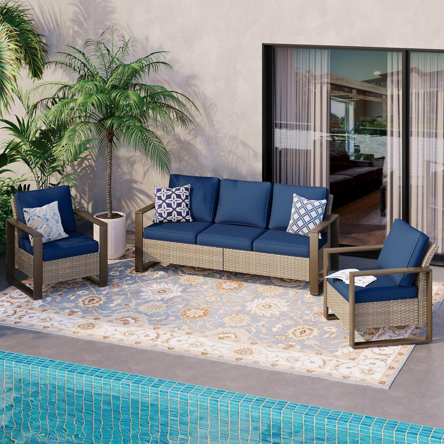 Wicker Patio 75" Sofa Set with Two Armchairs, All Weather Rattan Outdoor Conversation Furniture Set with Wood-Looking Metal Armrest & Removable Cushions for Deck Backyard Porch, Dark Blue