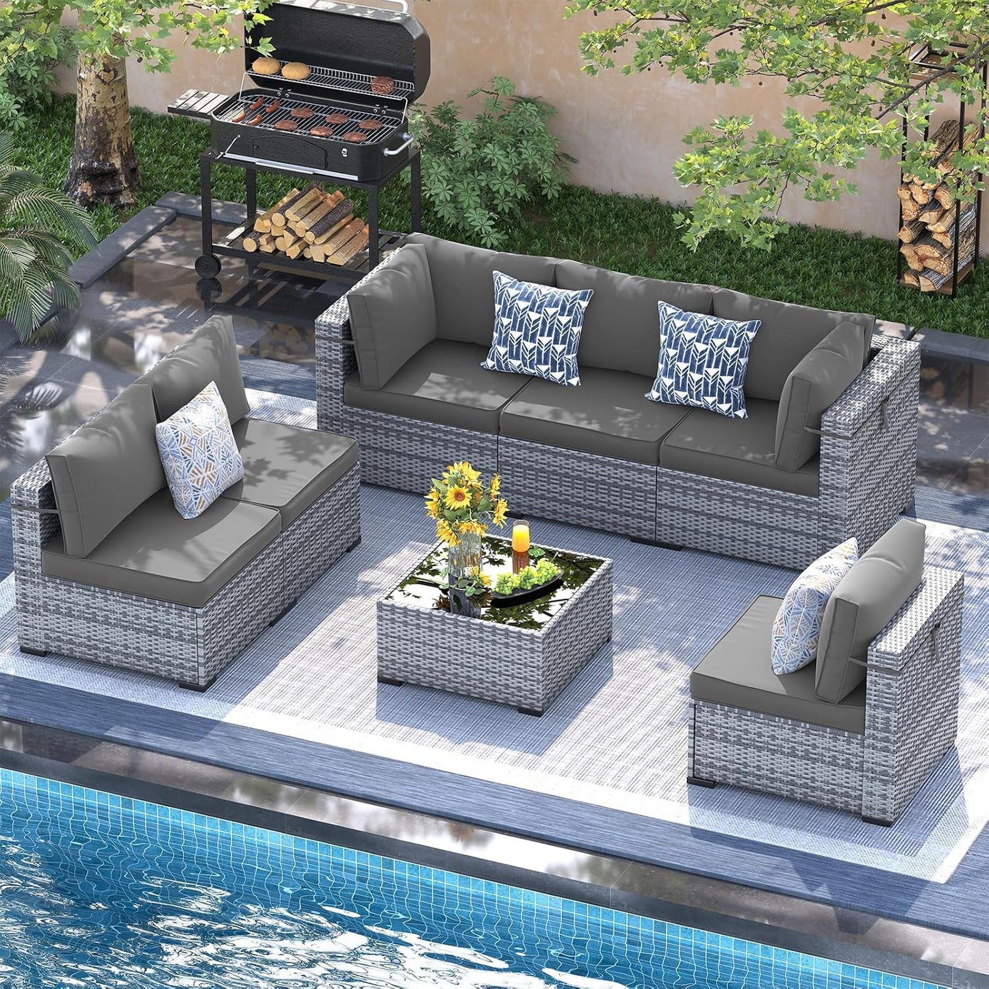 UDPATIO Patio Furniture Set, 7 Piece Outdoor Sectional Modular Sofa with 4'' Thickened Cushions, Wicker Outdoor Furniture Conversation Sets with Waterproof Cover for Backyard Deck(Grey/Dark Grey)