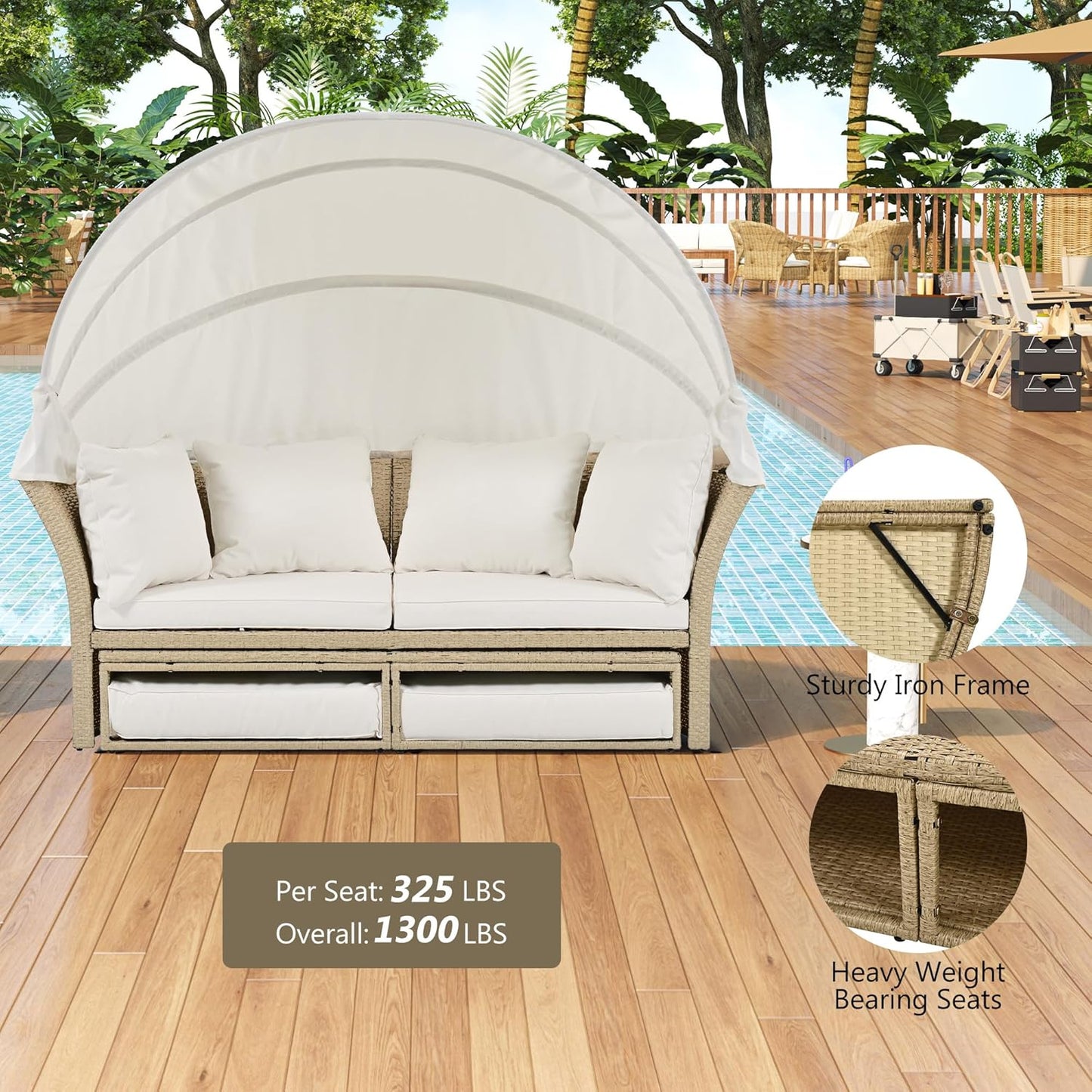 kevinplus Round Outdoor Daybed Patio Sunbed, Convertible Wicker Rattan Outdoor Daybed Sunbed with Retractable Canopy for Garden Backyard Porch Poolside, Beige