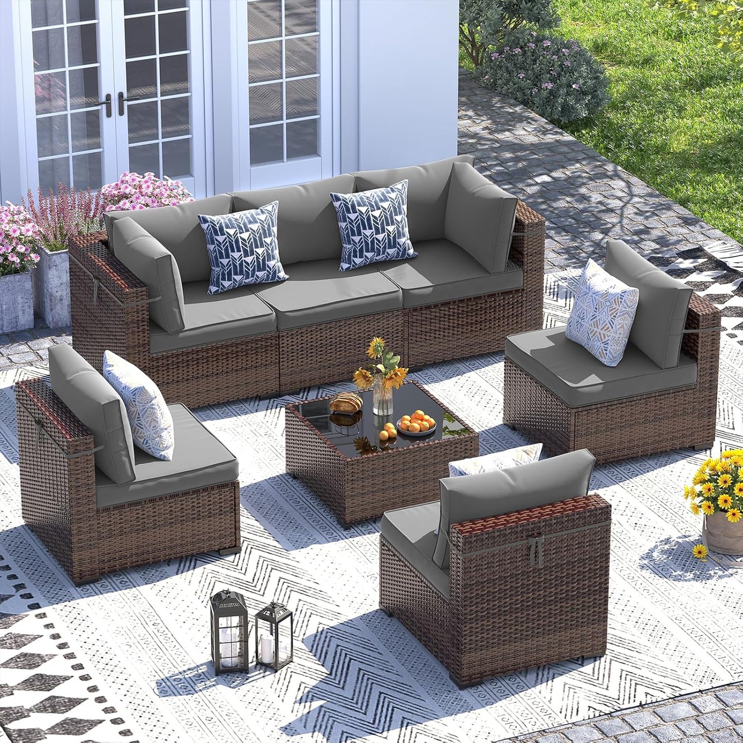 UDPATIO Patio Furniture Set, 7 Piece Outdoor Sectional Sofa, Wicker Modular Patio Sectional Conversation Sets with Waterproof Cover for Deck Backyard(Brown/Dark Grey)