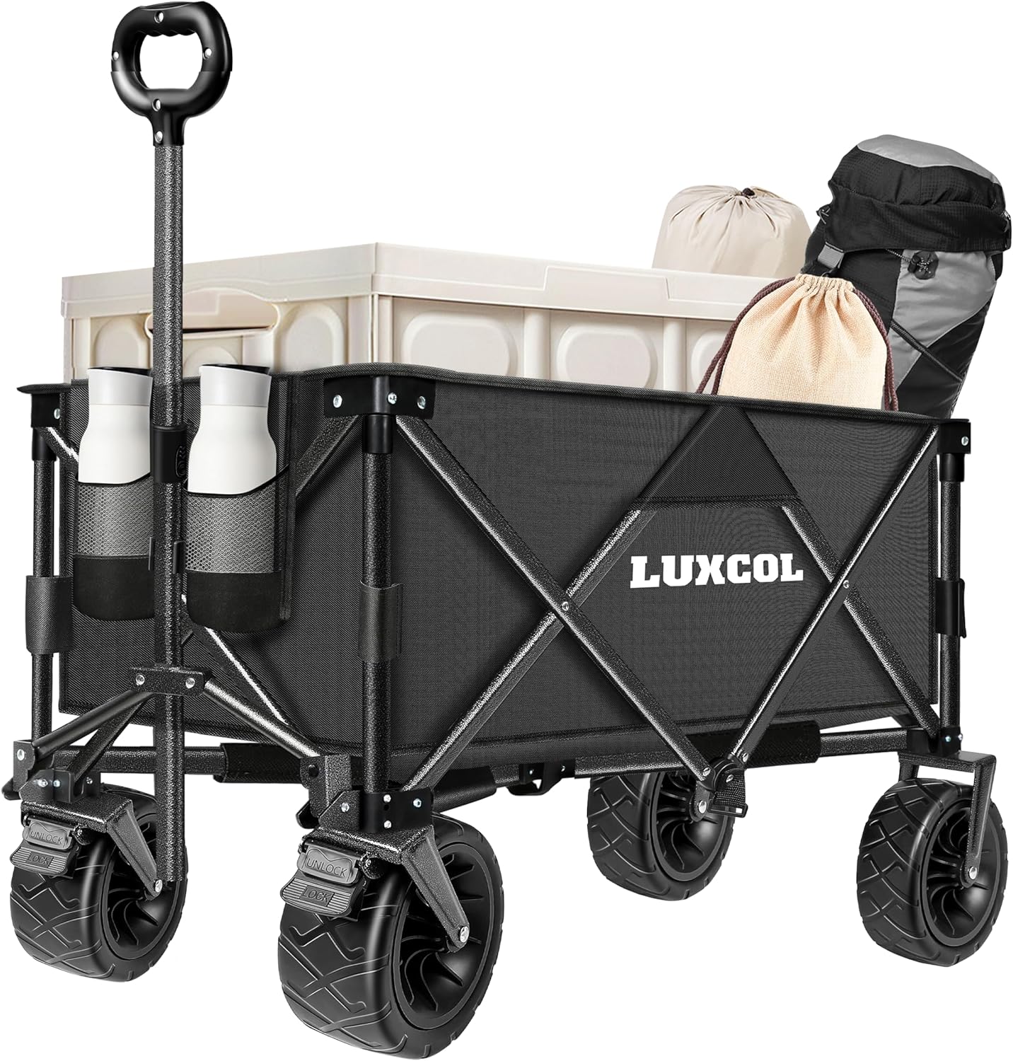 LUXCOL Collapsible Folding Wagon, Heavy Duty Utility Beach Wagon Cart for Sand with Big Wheels, Adjustable Handle&Drink Holders for Shopping, Camping,Garden and Outdoor