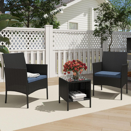 3 Piece Patio Furniture Set - Outdoor Conversation Sets with Coffee Table, Rattan Chair Set for Garden/Poolside, Coffee/Blue