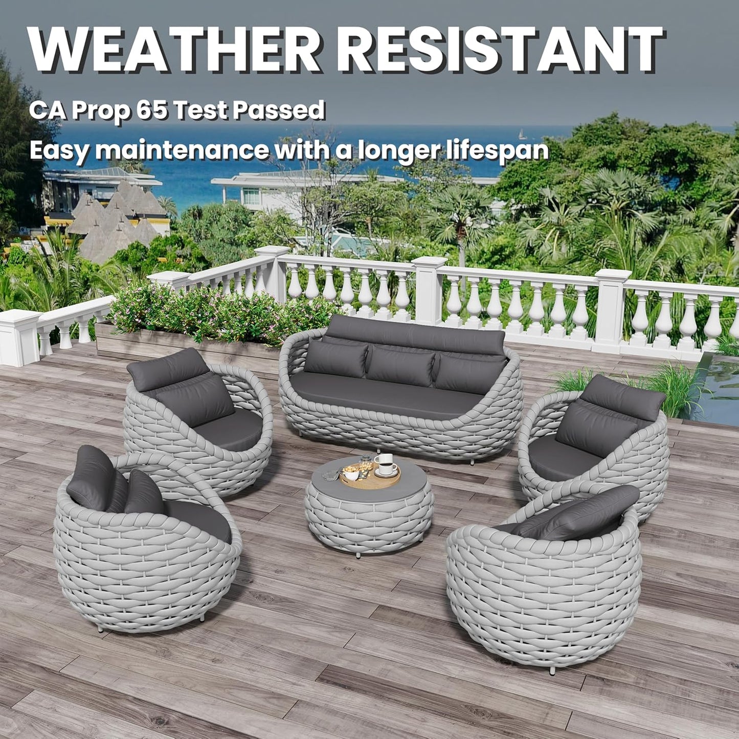 Aluminum Outdoor Couch Set: 6 Pieces Woven Rope Patio Conversation Set - Metal Modern Porch Furniture Sofa Set - All Weather Assembled Deck Seating for Courtyard Backyard Rooftop Hotel Resort