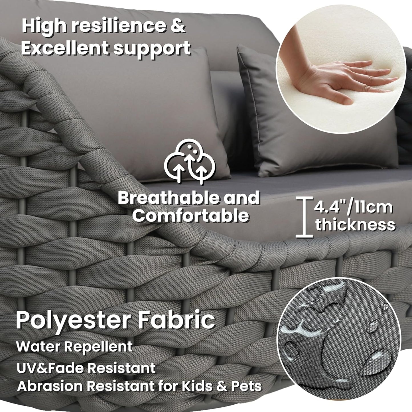 Cushioned Outdoor Patio Furniture Set: 6 Pieces Aluminum Porch Conversation Sofa Set - Modern Hand Woven Rope Deck Couch Set - Assembled All Weather for 661lbs Garden Yard Pool Hotel, Dark Gray