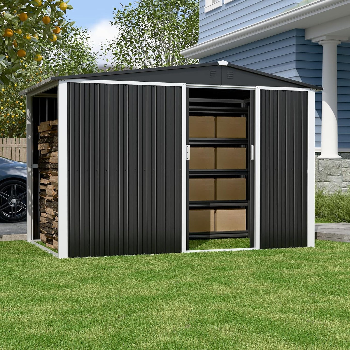 Metal Outdoor Storage Shed 10FT x 6FT with Firewood Storage, Steel Utility Tool Shed Storage House with Sliding Door, Metal Sheds Outdoor Storage for Backyard Garden Patio Lawn, Black