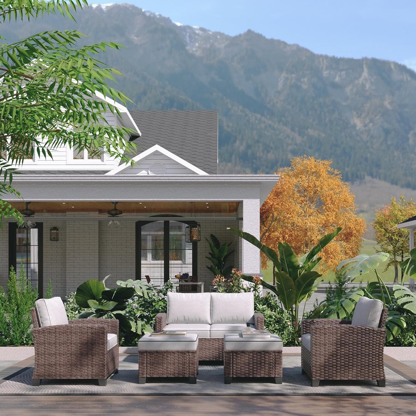 Outdoor Patio Sectional Sofa Set, 5-Piece Rattan Furniture, Patio Conversation Sets with Sofa, Ottomans for Seats 4, Light Grey