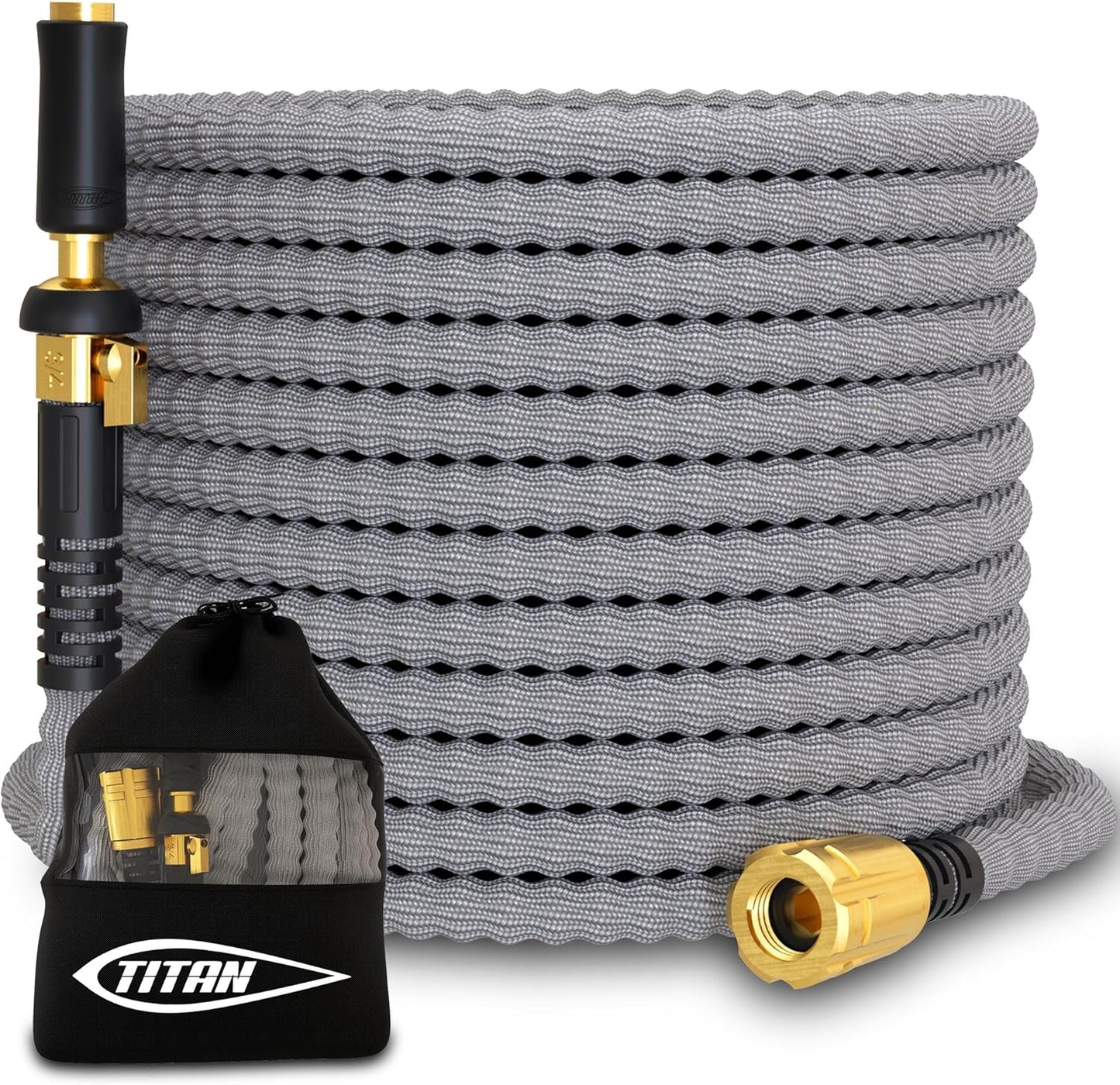 TITAN Flexible Garden Hose 25FT – Ultra Lightweight, Heavy Duty Water Hose with Brass Fittings & Jet Nozzle – Kink-Free, Non-Expanding, Durable Fabric Hose for Yard, Lawn, Car Wash, Outdoor Use