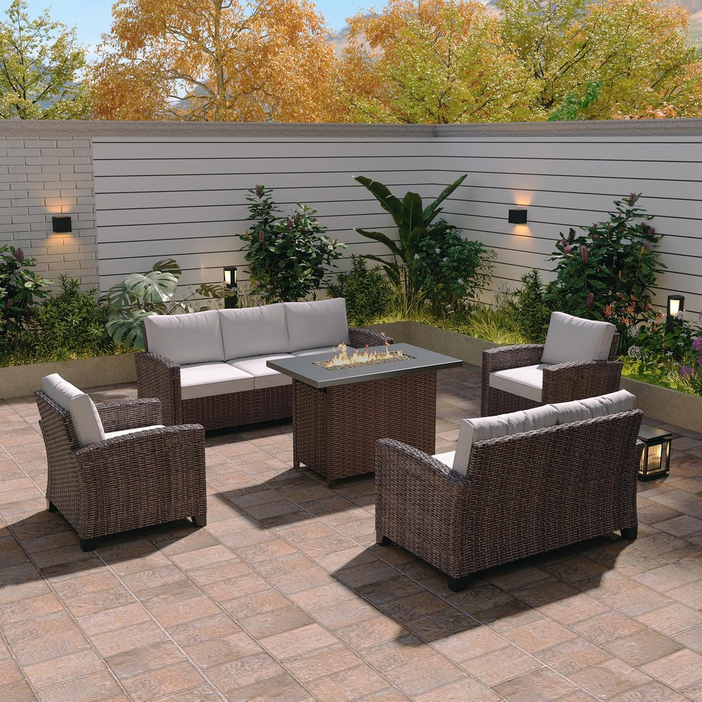 Outdoor Patio Sectional Sofa Set, 6-Piece Rattan Furniture, Patio Conversation Sets with Fire Pit, Seats 7, Light Grey