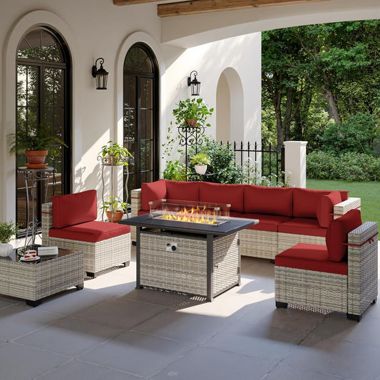 8-Piece Patio Furniture Set, Outdoor Patio Furniture with 55,000 BTU Fire Pit Table, Thick Cushions, Modular Patio Sofa, Dual-Strand Wicker Rattan, Rust-Resistant Frame, Red