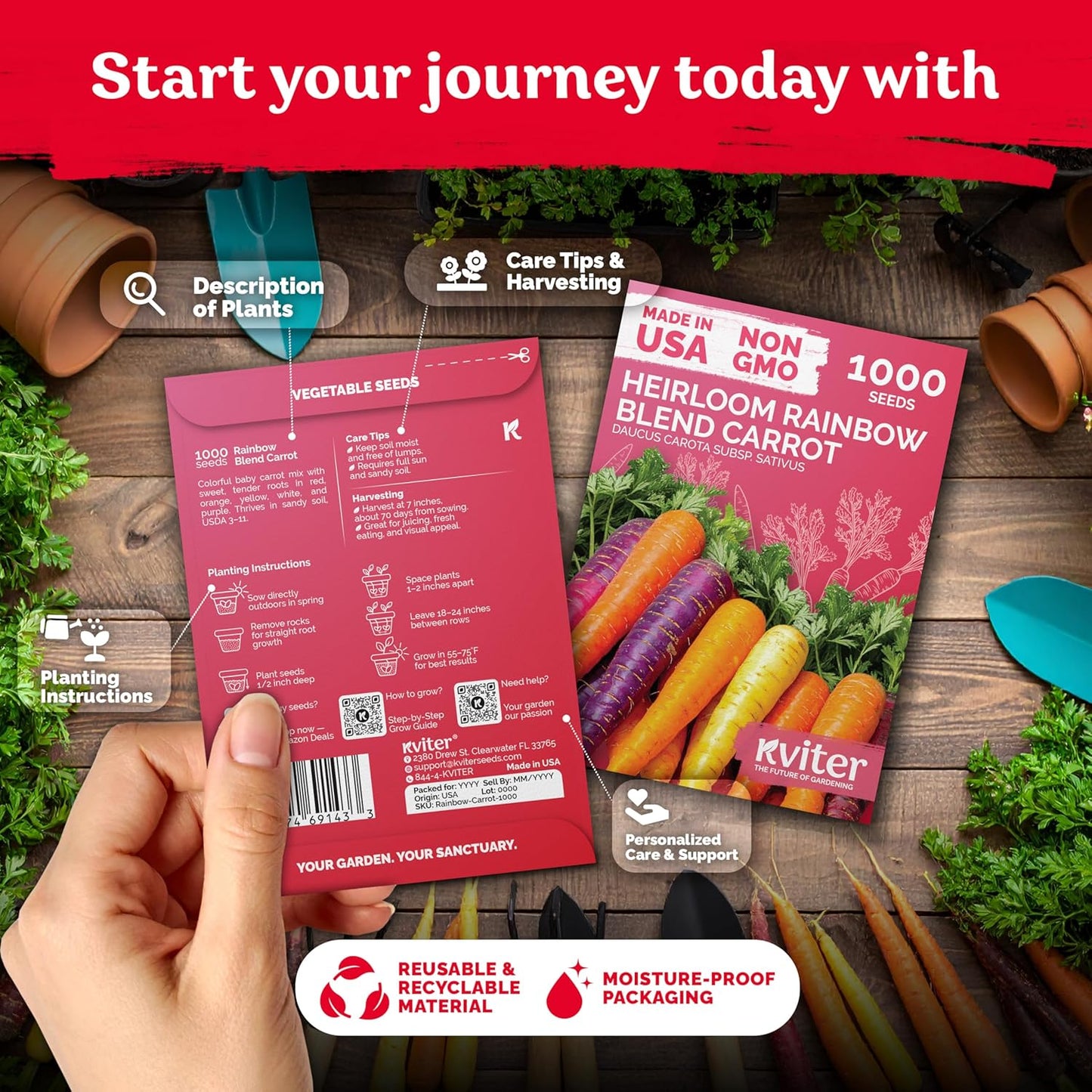 KVITER 1,000 Rainbow Carrot Seeds (Daucus Carota) - Baby Carrots Mix, Sweet & Tender Taste - Heirloom & Organic Carrots Seeds for Planting in Vegetable Garden, Raised Beds & Containers