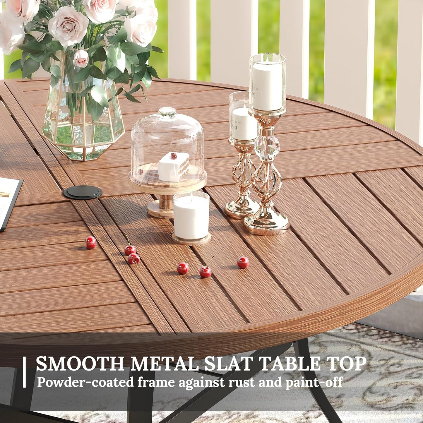 VICLLAX Round Patio Table with Adjustable Umbrella Hole for 6, All Weather Metal Outdoor Dining Table for Lawn Garden, 47.2" Outdoor Coffee Table, Walnut Wood-Like Tabletop