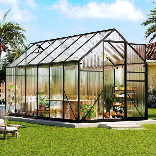Amerlife 6x12x6.3 FT Ft Polycarbonate Greenhouse for Outdoors, Walk-in Design with Aluminum Frame, 2 Windows and Swing Door, Heavy-Duty Greenhouse Construction for Garden, Black