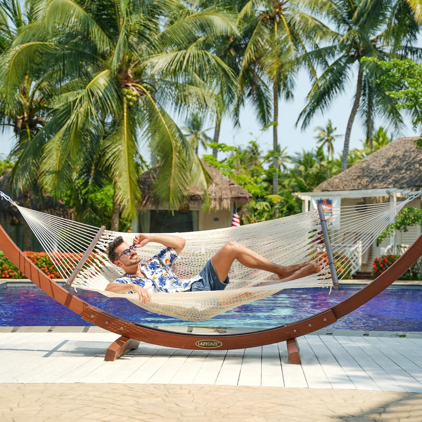 Lazy Daze Hammocks 10.5 FT Double 2 Person Caribbean Rope Hammock, Hand Woven Polyester Hammock with Spreader Bars, for Outside Outdoor Backyard Patio Poolside,450 LBS Capacity, Cream