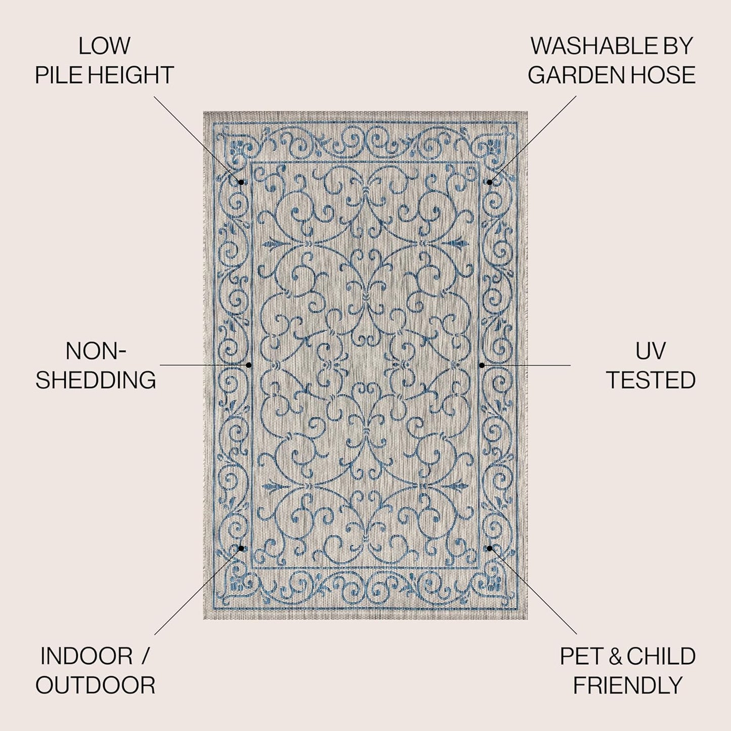 JONATHAN Y SMB106C-4R Charleston Vintage Filigree Textured Weave Gray/Navy 4' Round Indoor/Outdoor Area Rug, Pet Friendly, Non-Shedding, Stain Resistant, Easy-Cleaning for Backyard, Patio, Porch