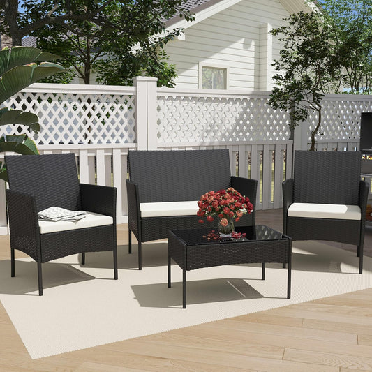 4 Piece Patio Furniture Set - Outdoor Conversation Sets with Coffee Table, Rattan Chair Set for Garden/Poolside, Coffee/Navy Blue