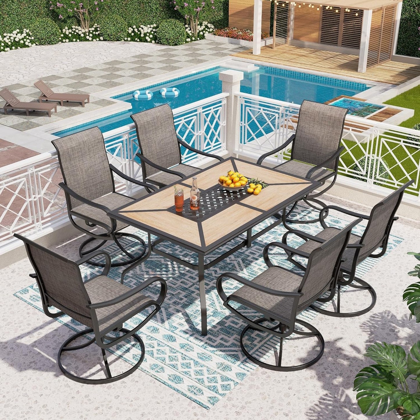 PHI VILLA 7 Piece Patio Dining Set, 6 Swivel Patio Chairs with Textilene Mesh Fabric & Rectangular Wooden-Like Dining Table(1.6"Umbrella Hole), All Weather Patio Chairs and Table Set for Deck (Brown)