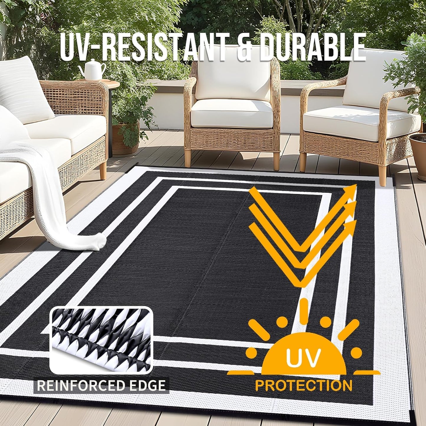 OLANLY Outdoor Rug 9x12 ft Waterproof, Reversible Outdoor Plastic Straw Rug, RV Mat, Indoor Outdoor Carpet Clearance for Patio, Camping, Balcony, Deck, Backyard, Black & White