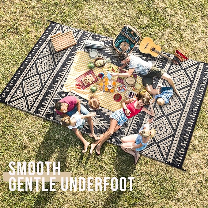 OLANLY Outdoor Rug Waterproof 6x9 ft, Reversible Outdoor Plastic Straw Rug, Boho Patio Rug, Indoor Outdoor Carpet, RV Mat Outside for Patio, Camp, Picnic, Balcony, Deck, Backyard, Black & Beige