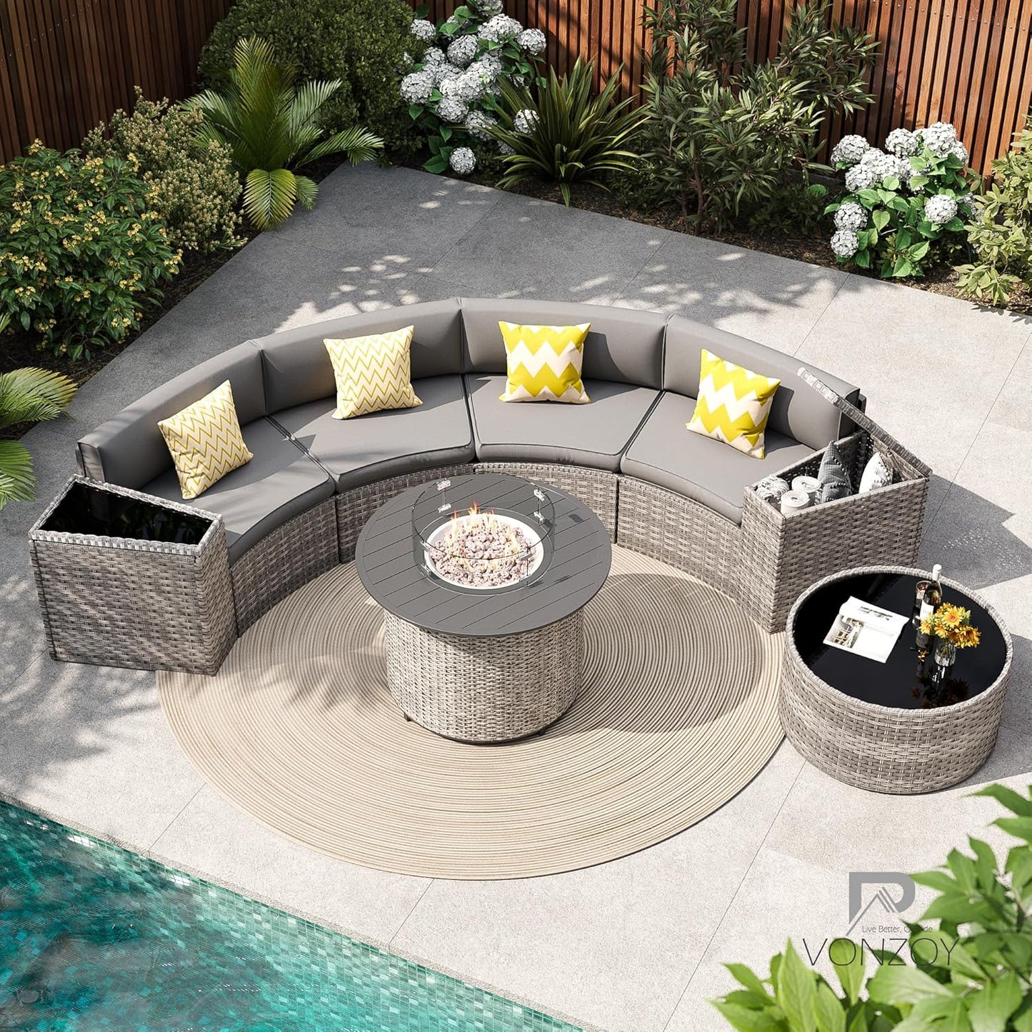 Patio Sectional Furniture Outdoor 8-Piece Grey Rattan Curved Sofa Set with Fire Pit Table,Storage Table,Pillows,Fit for Pool Backyard Balcony Porch Lawn (Grey)