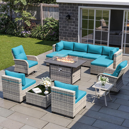 13-Piece Patio Furniture Set, Outdoor Patio Furniture with Swivel Chairs Set, Ottomans, 55,000 BTU Fire Pit Table, Modular Patio Sofa, Dual-Strand Wicker Rattan, Rust-Resistant Frame, Lake Blue