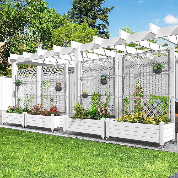 YITAHOME 43.3x17.7x61 in Planter Trellis Box with Wheels & Drain Plug, Outdoor Resin Raised Garden Bed for Climbing Plants, Large Weather-Resistant Design, Grayish-White