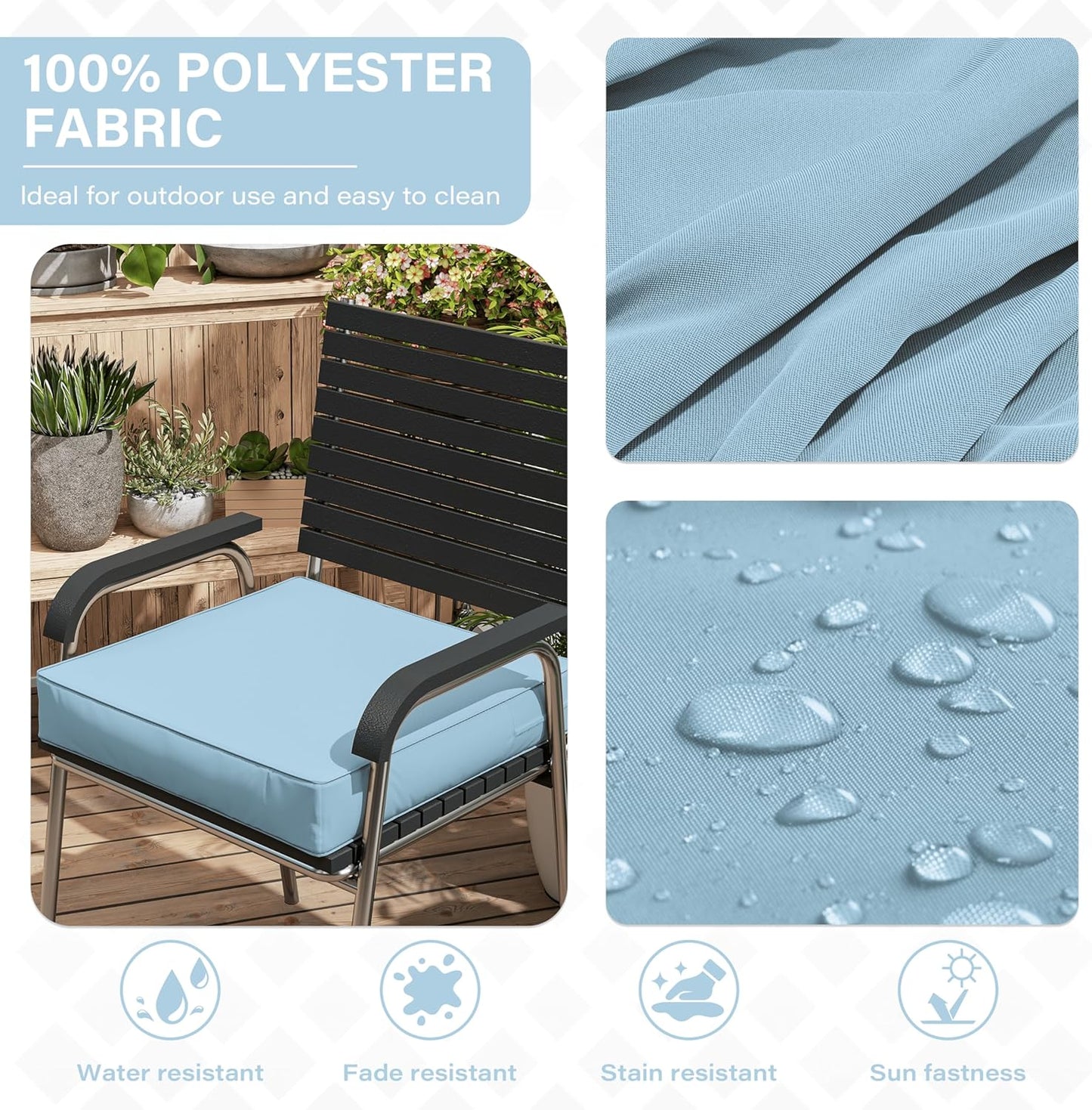 Patio Chair Cushions 22 X 22 X 4 Inch Waterproof Outdoor Seat Cushions for Patio Furniture, Outdoor Sofa Couch Pads with Ties & Handle, Set of 2, Light Blue