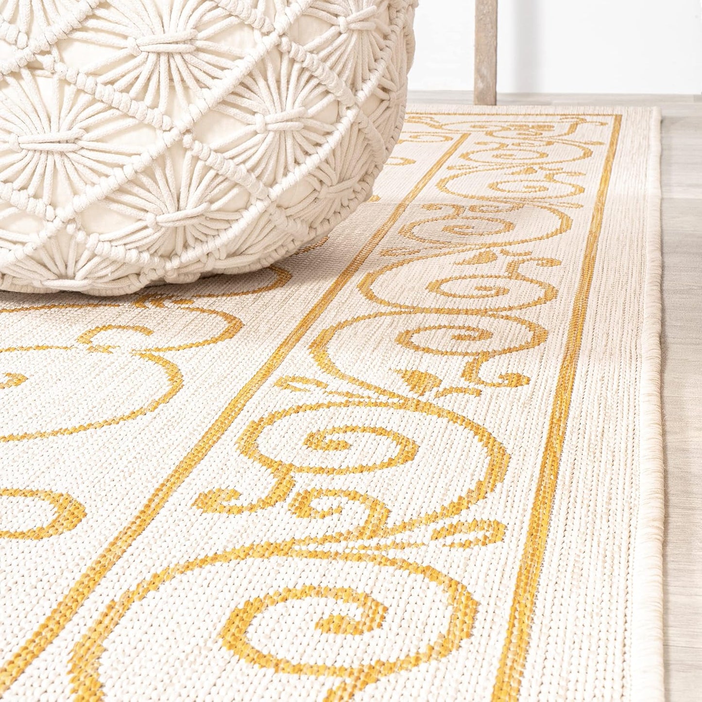 JONATHAN Y SMB106M-28 Charleston Vintage Filigree Textured Weave Indoor Outdoor Runner Rug, Classic, Traditional, Transitional Easy Clean,Bedroom,Kitchen,Backyard,Patio, Non-Shed, Cream/Yellow, 2 X 8