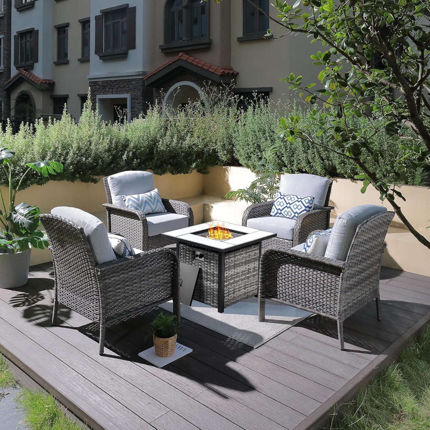 ovios 4 Pieces Patio Furniture Set with 30" Fire Pit Table, Outdoor Wicker Chairs of 4, All Weather High Back Rattan Chairs 4-Seater with Comfy Cushions, Grey