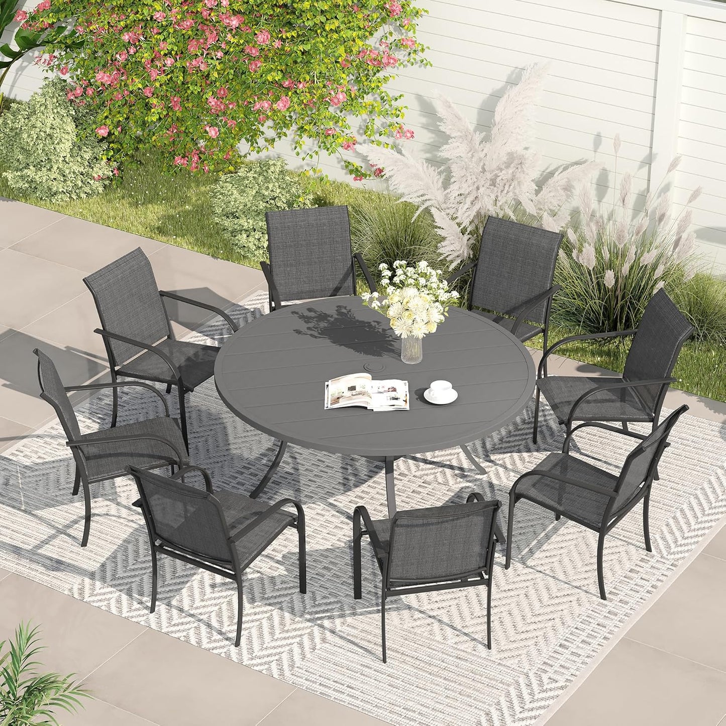 VICLLAX Patio Dining Set for 8, Outdoor Furniture Set Includes 53" Round Patio Table and 8 Patio Sling Chairs, Grey Tabletop and Grey Fabric