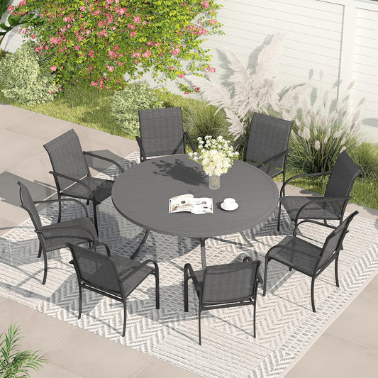 VICLLAX Patio Dining Set for 8, Outdoor Furniture Set Includes 53" Round Patio Table and 8 Patio Sling Chairs, Grey Tabletop and Grey Fabric