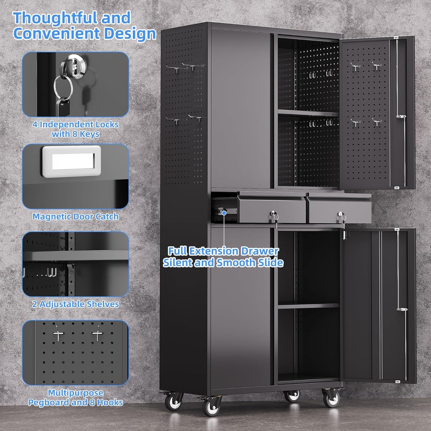 Metal Garage Storage Cabinet with Locking Doors and 2 Adjustable Shelves, Rolling Tool Storage Cabinet with 4 Wheels and 2 Drawer for Garage, Warehouse, Black, Assembly Required