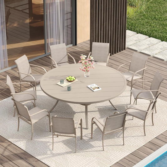 VICLLAX 11 Pieces Patio Dining Set for 10, Outdoor Furniture Set Includes 60" Round Outdoor Table and 10 Lawn Stackable Chairs, Sandshell Color Tabletop and Fabric