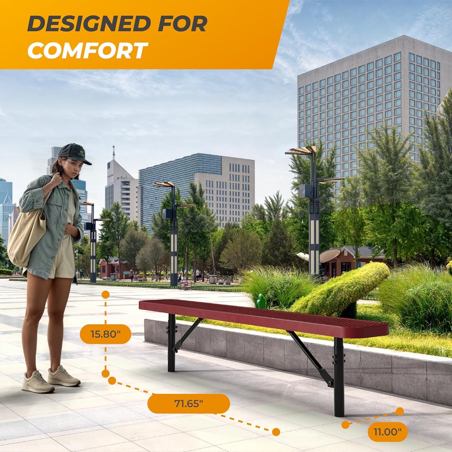 Heavy-Duty Outdoor Metal Bench, Thermoplastic-Coated, Inground, Weatherproof, Commercial-Grade for Parks, Gardens, Patios, Stores & More (6 Ft - Inground, Red)