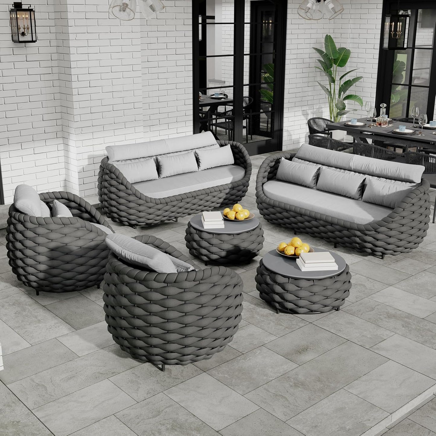 Lanai Outdoor Furniture Sofa Set: 6-Piece Aluminum Woven Rope Patio Conversation Set w/Table - Modern Cushions Couch Set - No Assembly Porch Seating for Deck Yard Garden Pool Hotel Resort