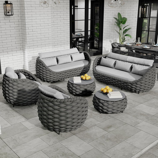 Lanai Outdoor Furniture Sofa Set: 6-Piece Aluminum Woven Rope Patio Conversation Set w/Table - Modern Cushions Couch Set - No Assembly Porch Seating for Deck Yard Garden Pool Hotel Resort