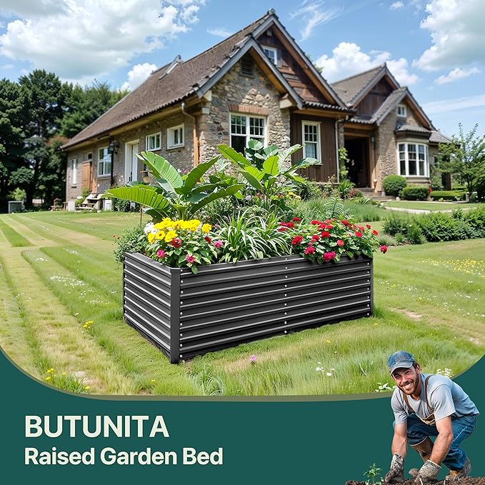 Raised Garden Bed 6x3x2ft, Galvanized Raised Garden Beds Outdoor for Vegetables Flowers Herbs, Steel Large Deep Planter Box, Tall Raised Garden Bed with 3ftx30ft Weed Barrier Fabric and Glove, Black