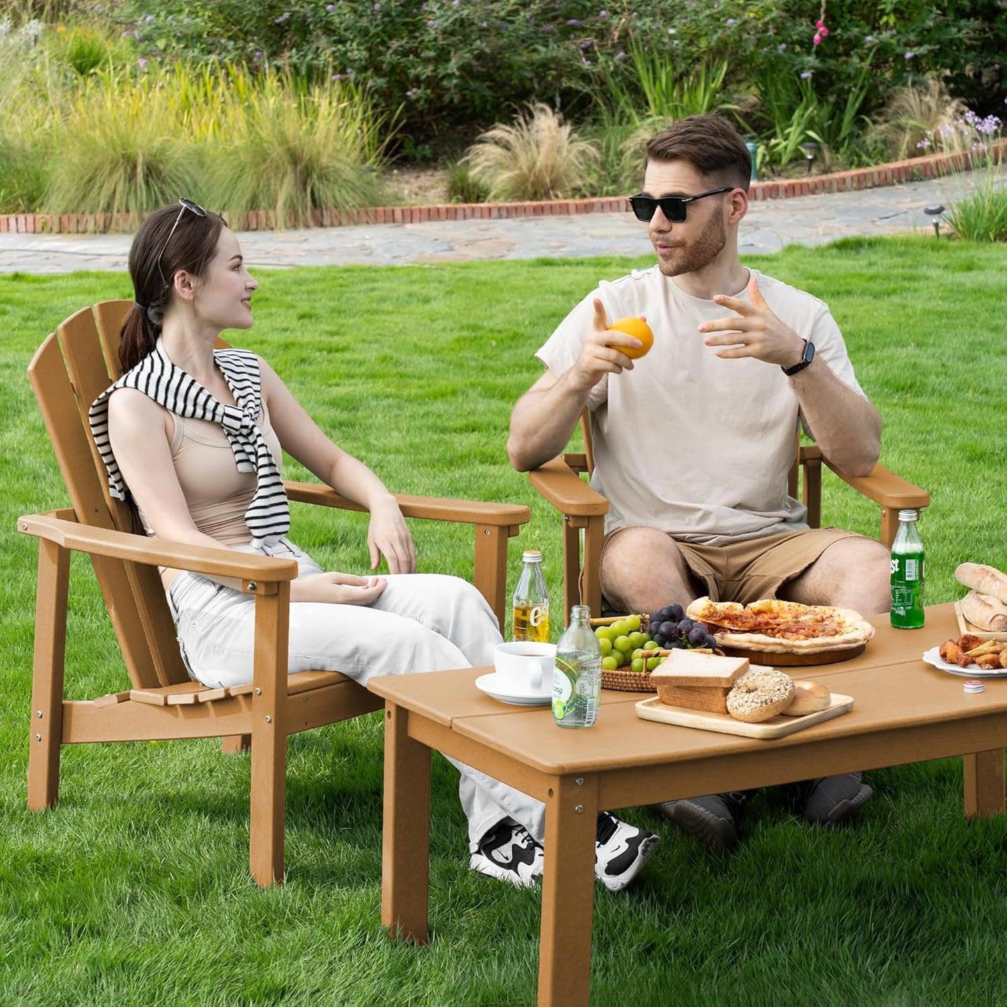 Stackable Adirondack Chair Set of 4, HDPE Outdoor Patio Chair - Durable and Space Saving, Suitable for Porches, Lawns or Garden, Teak