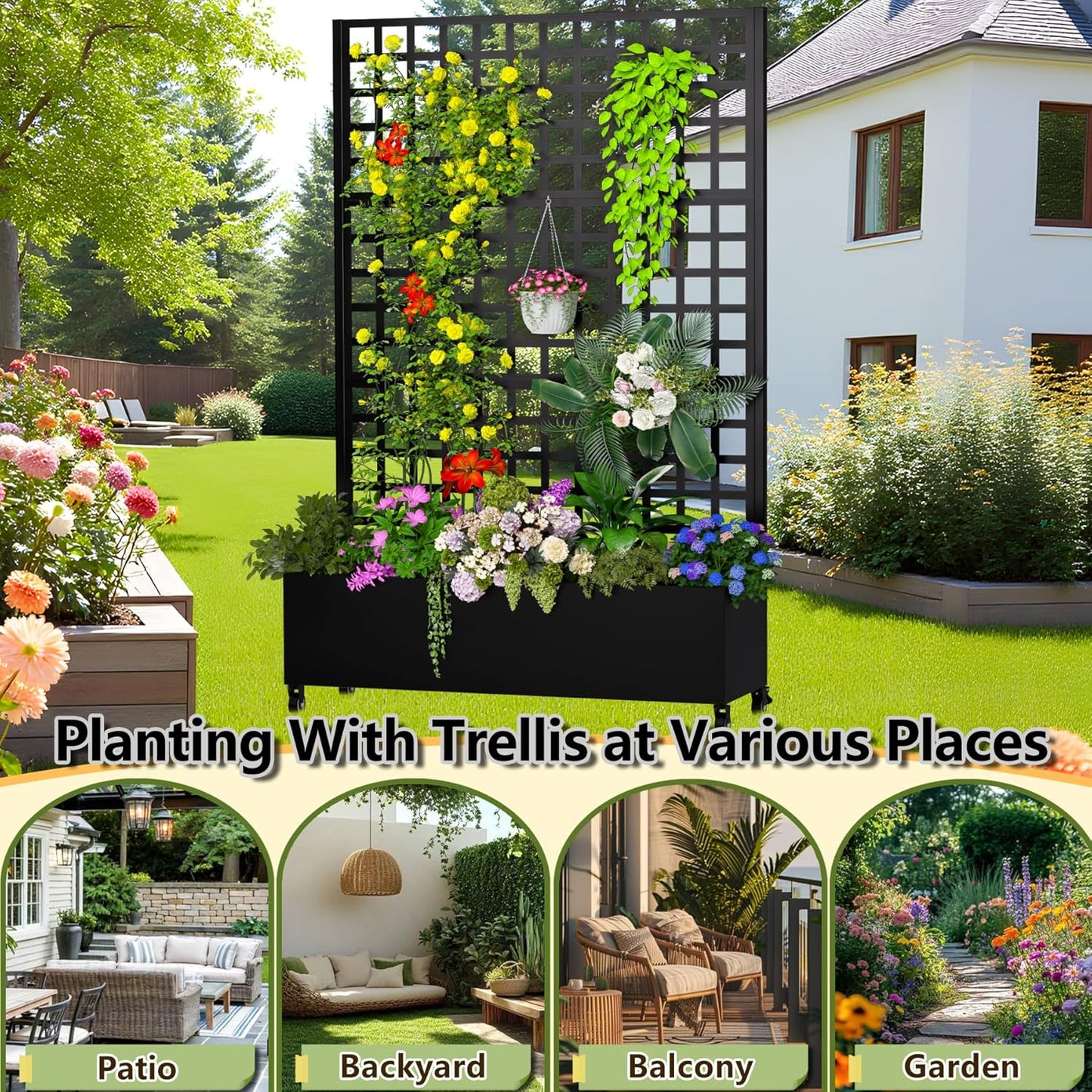 Metal Planter Box with Trellis, 72.1"x47.2"x16" Galvanized Raised Garden Bed with Privacy Screen & Drainage Holes & Lockable Casters for Climbing Plants, Flower, Vegetable (Black-Grid)