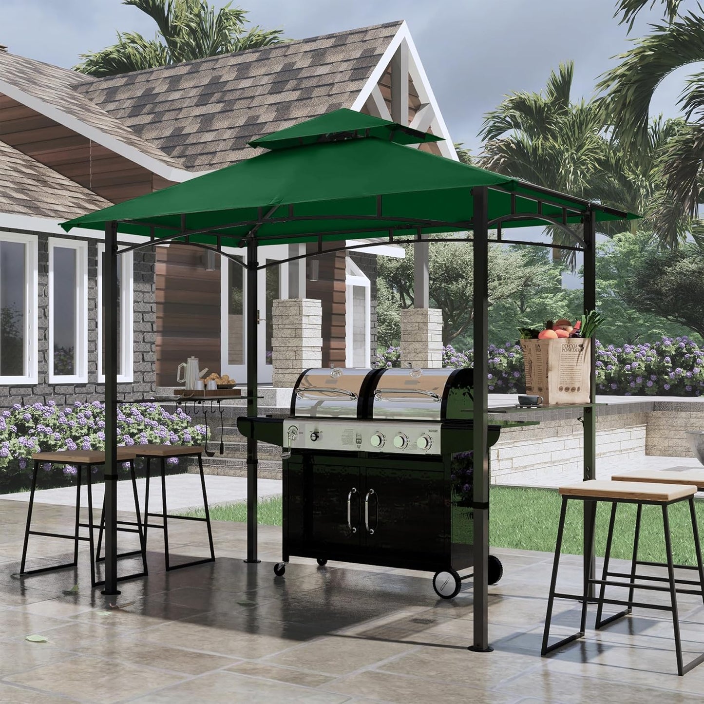COOSHADE 8'x 5' Grill Gazebo Double Tiered Outdoor BBQ Gazebo Canopy with LED Light (Forest Green)