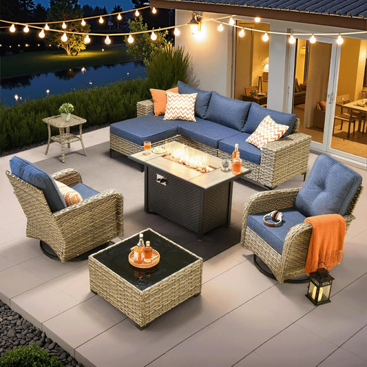 ovios 9 Pieces Patio Furniture Set Outdoor Sectional Sofa Couch with Fire Pit Table Rocking Swivel Chairs Deep Seat Chaise, Modern Modular Wicker Rattan Conversation Set, Denim Blue