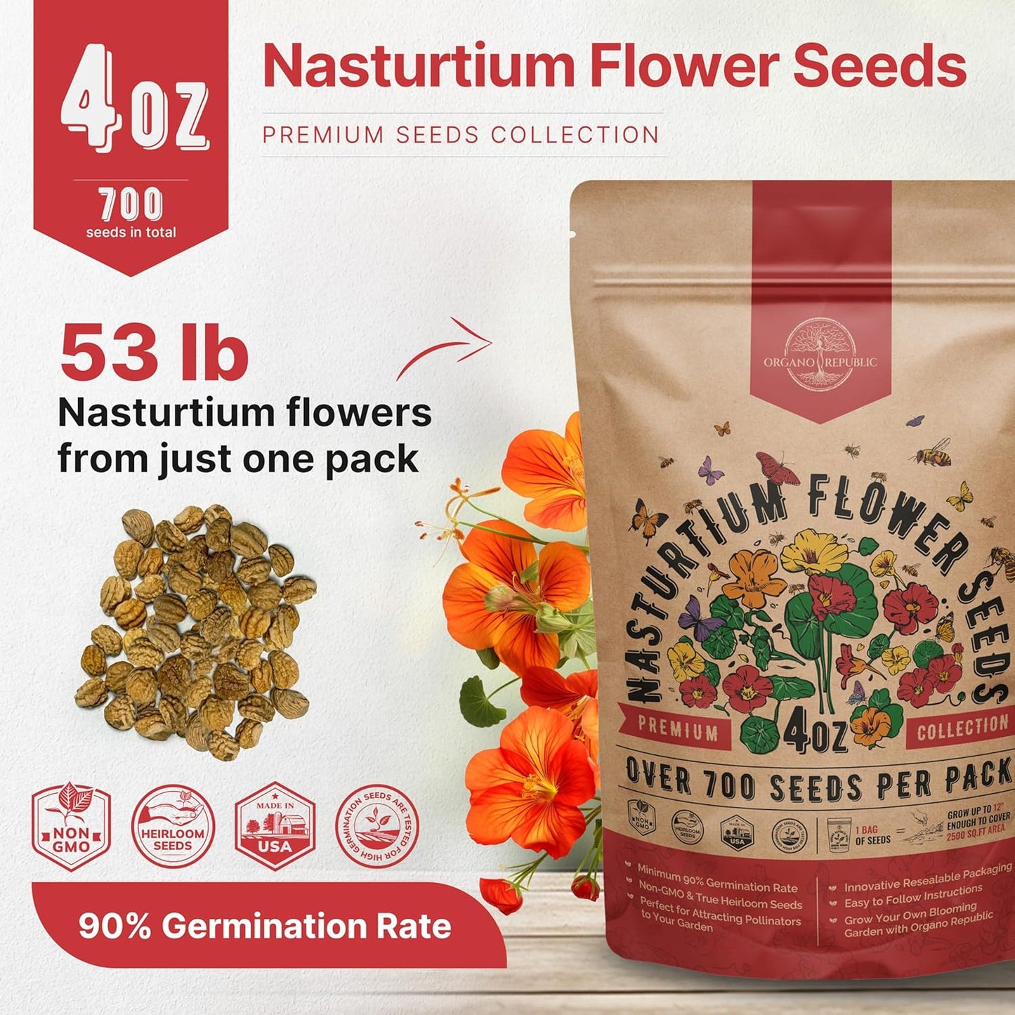 Nasturtium Seeds Pack 4 oz - Over 700 Non-GMO Heirloom Nasturtium Seeds for Planting, Edible Flowers in Individual Seed Packet for Planting Home Garden Indoor & Outdoor Gardening