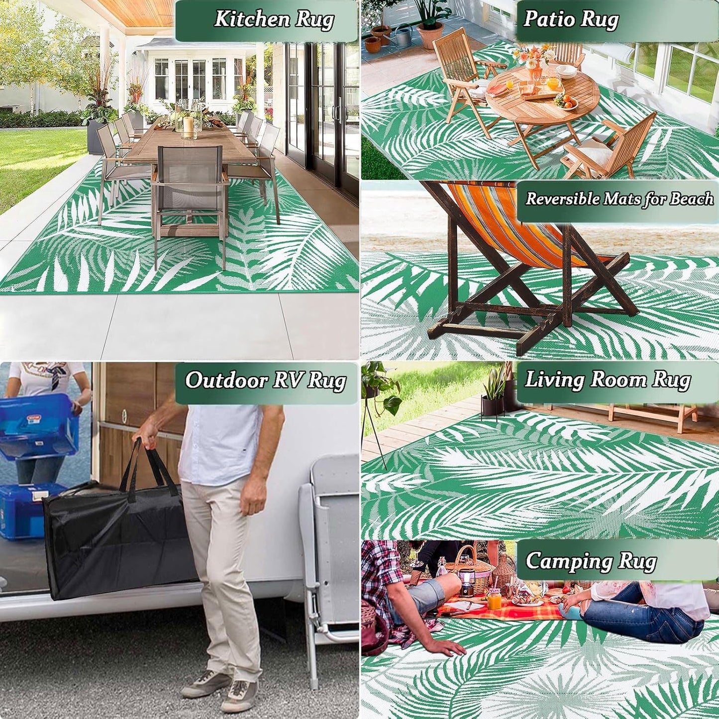 Outdoor Rug 8'x10' Waterproof for Patios Clearance, Reversible Outdoor Plastic Straw Rug Camping Carpet, Outside Floor Mats Large Area Rugs for RV,Patio,Deck,Porch, Beach,Balcony,Green&White