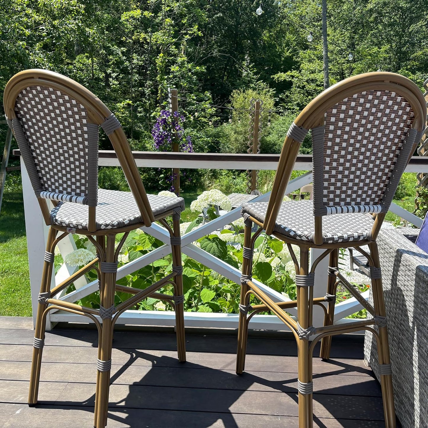 PURPLE LEAF French Bar Stool Set of 4 Bamboo Print Finish Patio Bar Stools with Back Wicker Bar Height Stool 30" with Footrest Kitchen Island Stools Outdoor Barstool Grey
