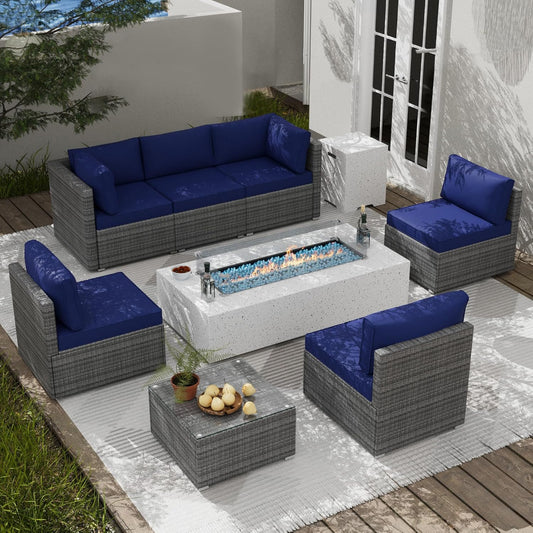 8 Piece Patio Furniture Set - Outdoor Conversation Sets with 56" Fire Table and Coffee Table, Rattan Modular Sofa Set for Garden/Poolside, Navy Blue/Grey