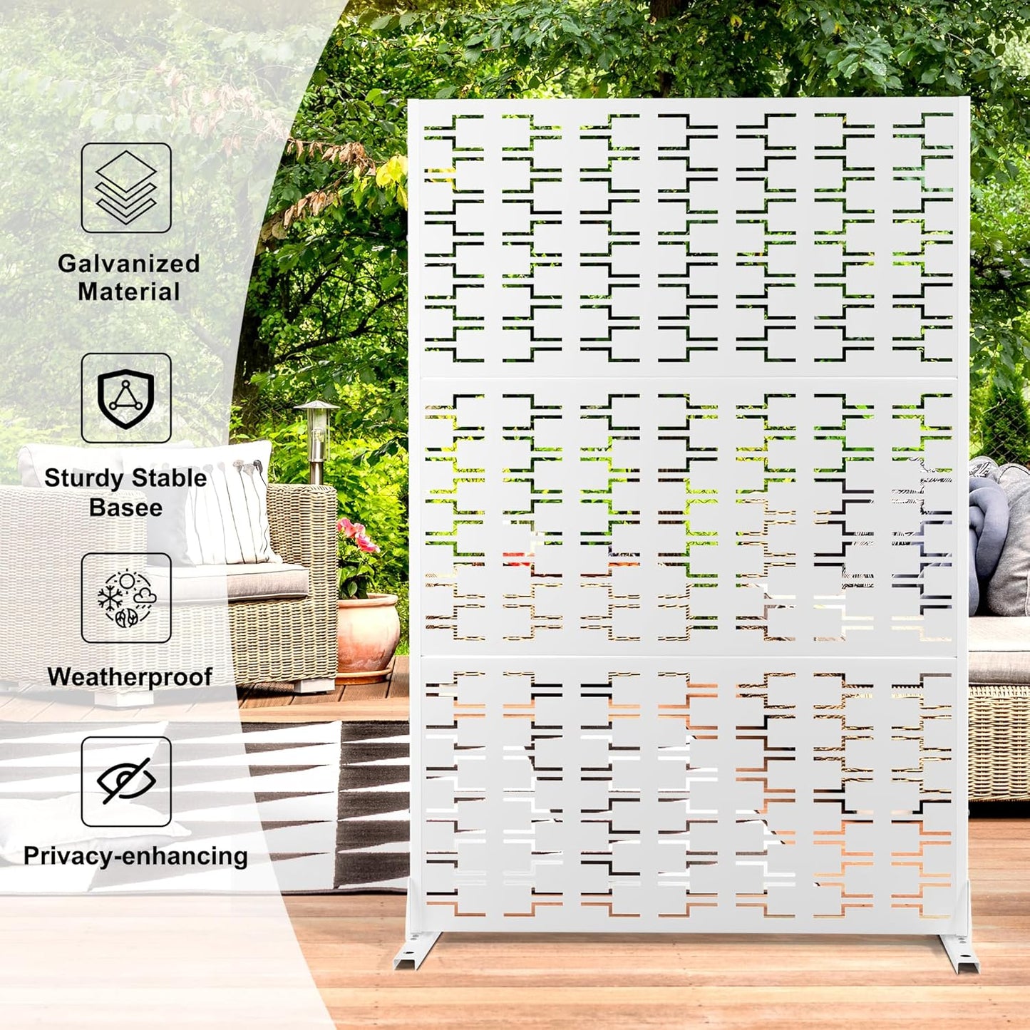 Metal Privacy Screen Outdoor 72" H×47" W,Freestanding Decorative Privacy Screen for Balcony Yard&Garden,Privacy Fence-White&Brick