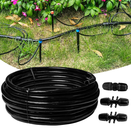 50 FT 1/2 Inch Drip Irrigation Tubing Main Drip Line Hose Tube for Garden Watering Landscape Irrigation System (Includes 2 Pack 6-Way Connector and 1/2" Straight Connector)