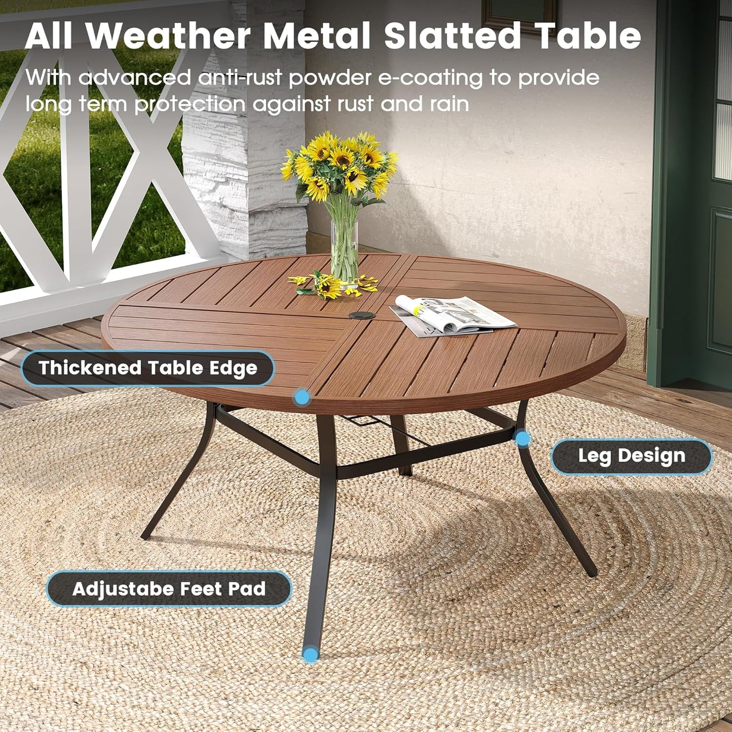 DIFY 53.1" Round Outdoor Patio Dining Table for 6-8, All-Weather Metal Steel Slatted Patio Table with 1.57" Adjustable Umbrella Hole, for Lawn Garden Porch Backyard, Walnut