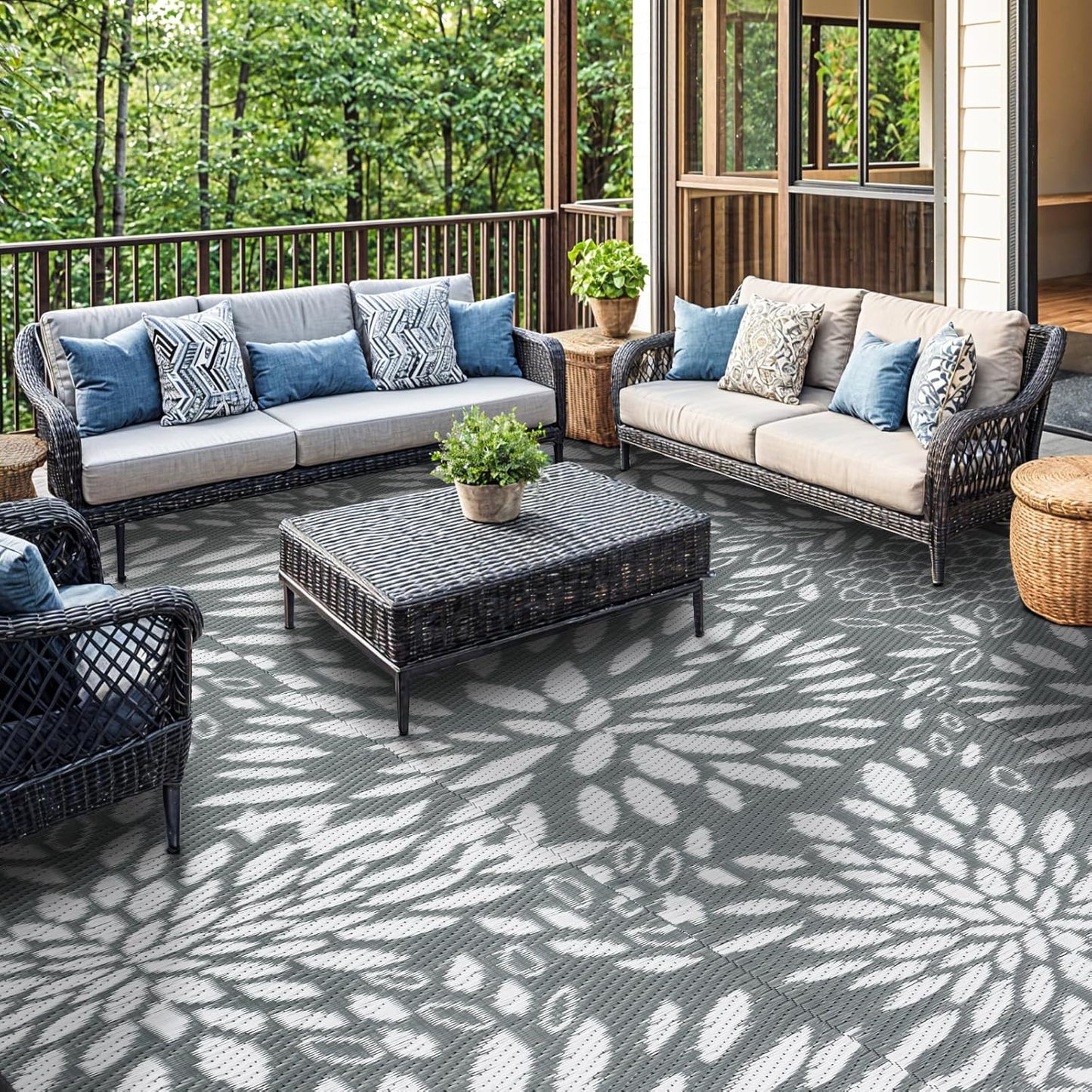 8'x10' Reversible Outdoor Rug - Eco-Friendly Plastic Straw Rug-Heavy-Duty Waterproof Mat, UV & Fade Resistant for Patio, Camping, RV, Deck, Balcony(8x10,Gray&Floral)