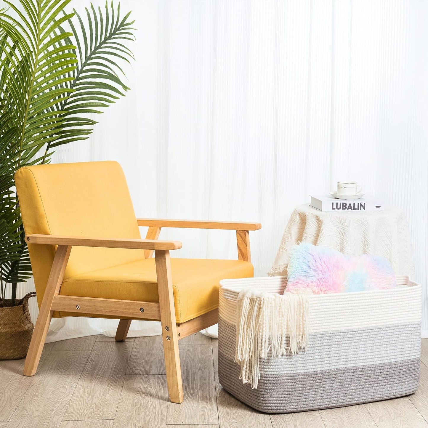 MINTWOOD Design 22in Extra Large Blanket Basket Holder Living Room, Rectangle Rope Woven Storage Basket with Handles for Laundry, Pool Towels, and Shoes, Dog Toy Organizer Bin Box, 3-Tone Light Gray